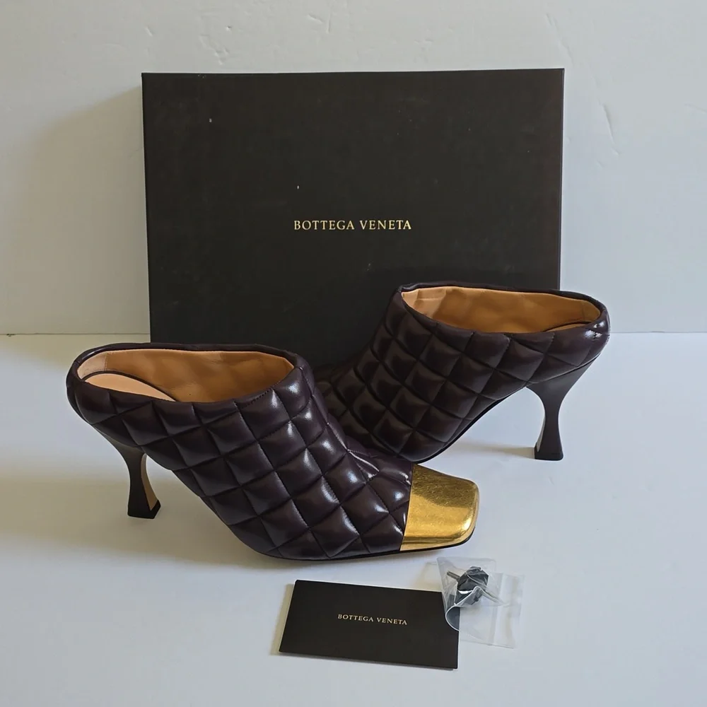 Bottega Veneta Quilted Leather Metallic Toe High Heel Mules Size 39 Wine… - Picture 13 of 15